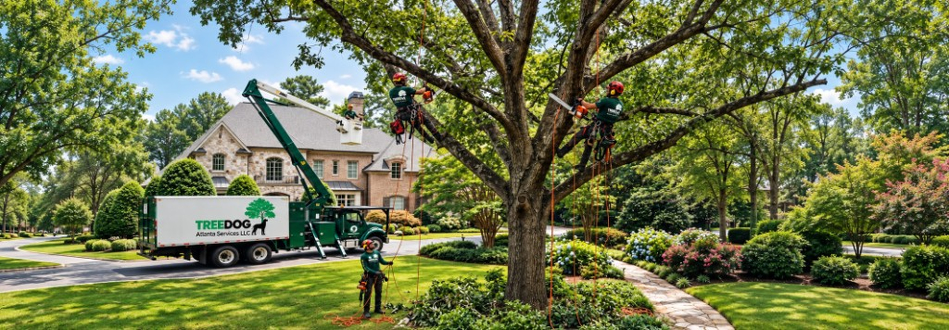 TreeDog Atlanta crew using a bucket truck and climbing gear to trim a large tree at a residential property