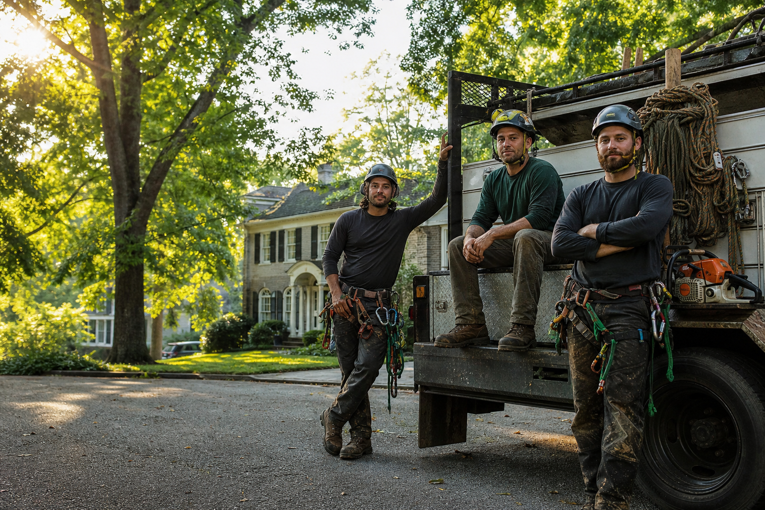 TreeDog Atlanta arborists in climbing gear standing with their service truck