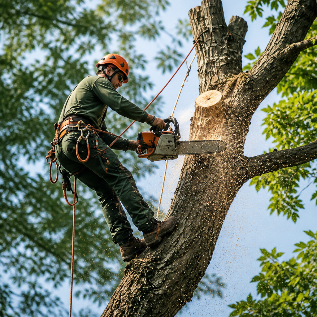 TreeDog arborist climbing a tree and cutting a limb with a chainsaw