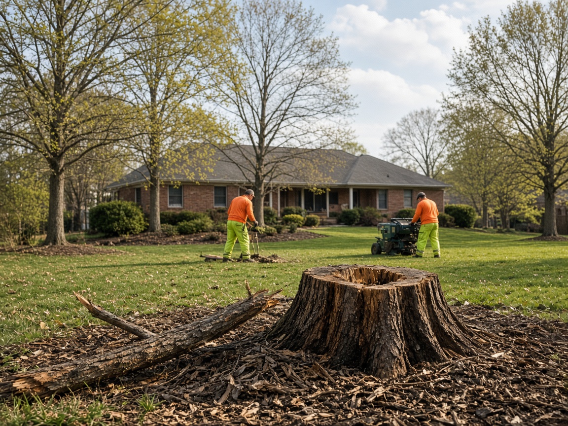 Early-spring Metro Atlanta yard with cracked winter branches, debris, and a stump being cleared before the growing season
