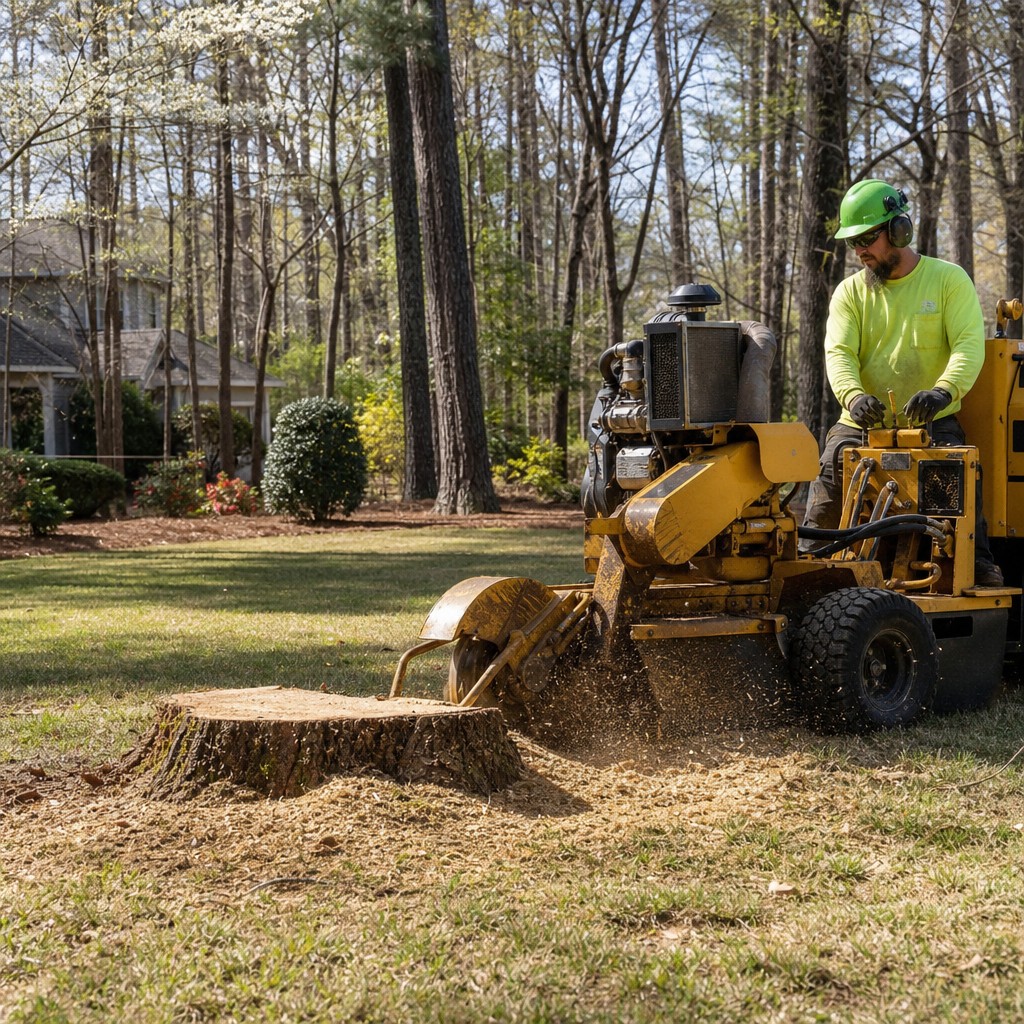 TreeDog crew grinding a stump during spring yard prep